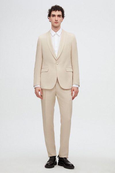 Twn Slim Fit Beige Plain Tuxedo Suit