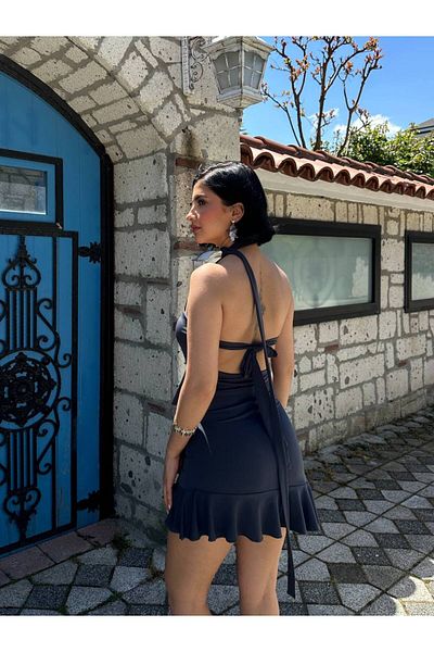 MY LİKA Sandy Fabric Mini Plired Halter Women Dress