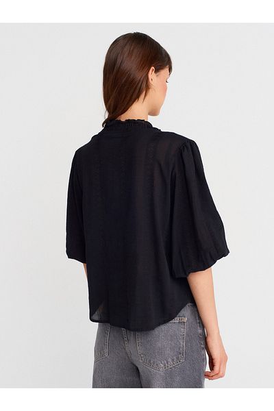 Dilvin 5807 Rib Detailed Balloon Sleeve Shirt-Black