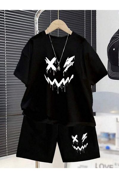 vinraus Girl\Boy Black X Smile Printed Shorts-Tshirt Set