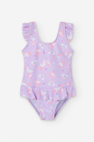 LOSAN Unicorn and Rainbow Pattern Ruffled Suspender One-Piece Soft Stretchy Baby Girl Swimsuit