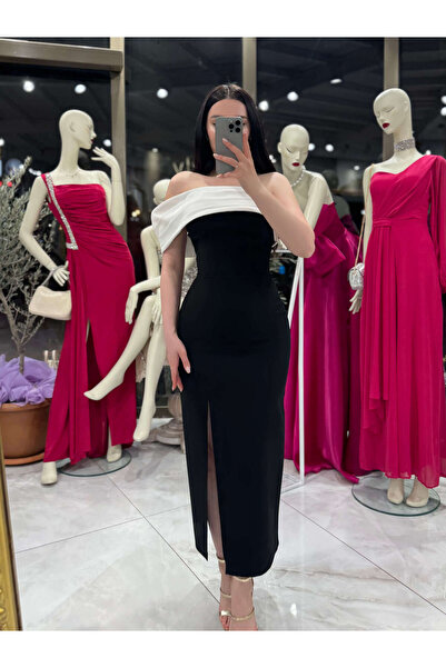 missswans Strada Tek Omuz Detaylı Midi Boy Abiye Elbise Siyah Beyaz