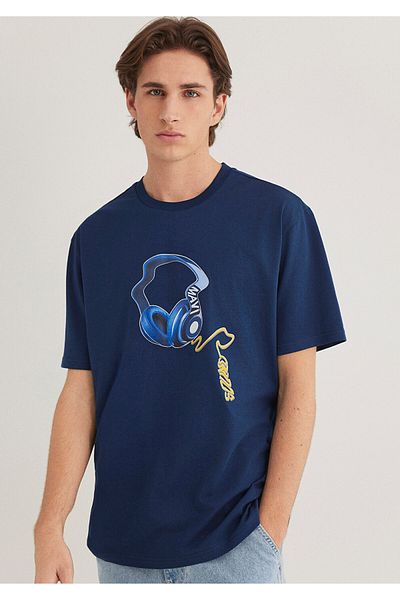 Mavi Marineblaues T-Shirt mit Musikdruck, lockere Passform / lockere, entspannte Passform 0612484 -89353
