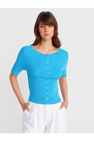 Dilvin 60970 Cardigan subțire din tricotaj subțire, cu nasturi, cu decolteu deschis - Albastru închis