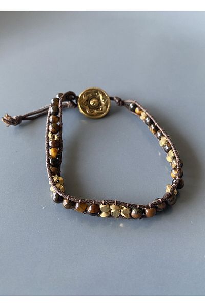 dela otantik Handmade Natural Stone Bracelet – Tiger Eye Stone and Brass Detailed String Authentic Bohemian Bijouterie Jewelry
