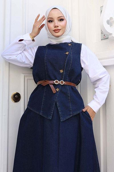 benguen Vest Skirt Double Denim Suit Navy Blue 357
