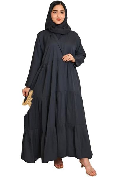HAWRAA Grey abaya with hood and pleats