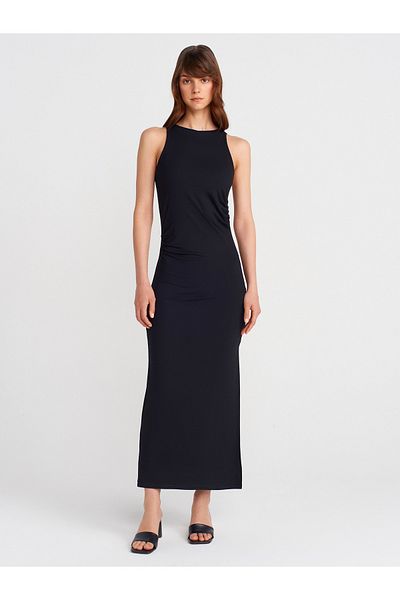 Dilvin 91458 Gathered Midi Dress-Black