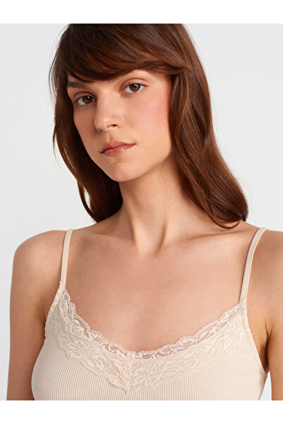 Dilvin 21015 Lace Detailed Top-Beige