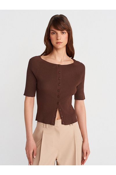 Dilvin 60970 Light Crew Neck Ribbed Buttoned Slim Knitwear Cardigan-Brown