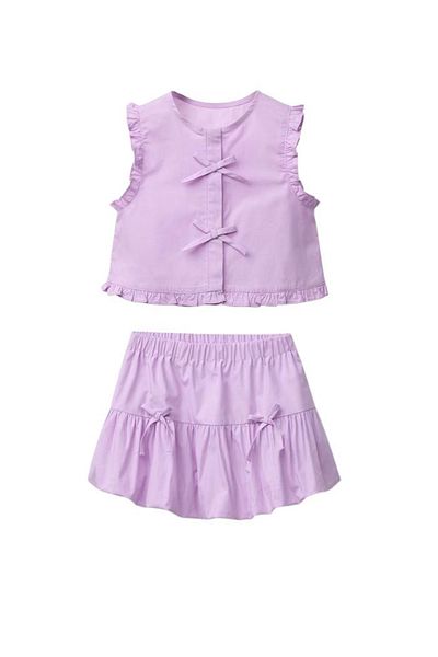 Monila Girl's Cotton Button Closure Bow Detailed Top and Balloon Skirt Set