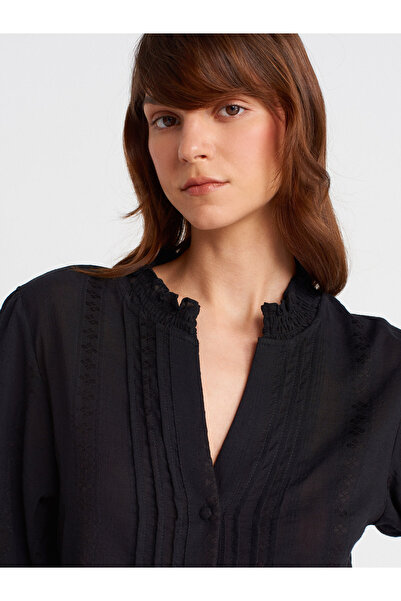 Dilvin 5807 Nervür Detaylı Balon Kol Gömlek-Siyah
