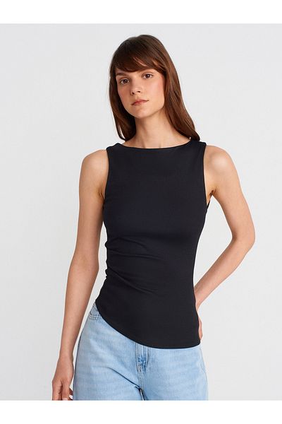 Dilvin 21061 Asymmetrical Draped Sleeveless Ball-Black