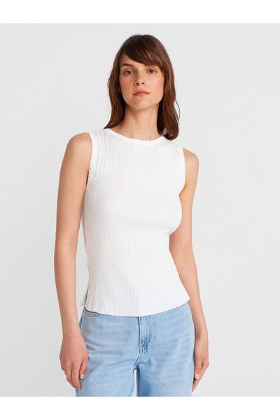 Dilvin 10753 Boat Neck Ribbed Thin Knitwear Blouse-Ecru