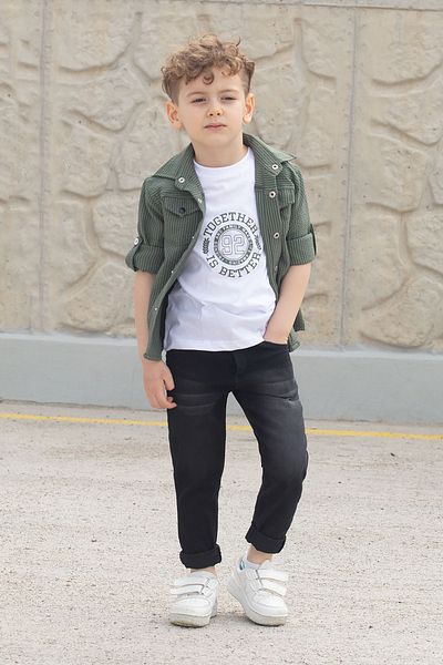 Cansın Mini Khaki Boy's 3-Piece Bottom Top Set with Snap Shirt Pants 20261
