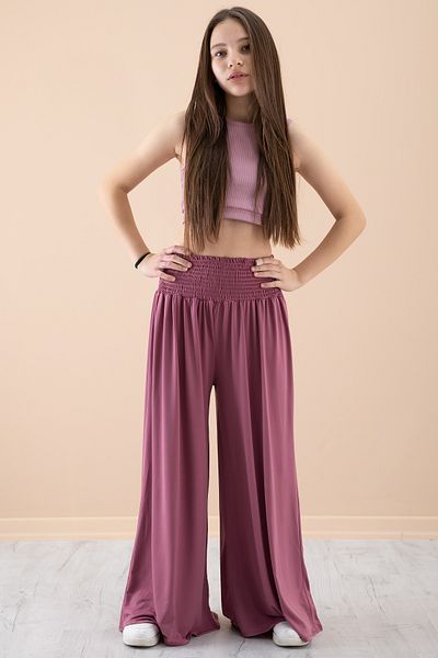 Cansın Mini Dusty Rose Ribbed Cropped Girls' Wide Cut Pants Suit 20383