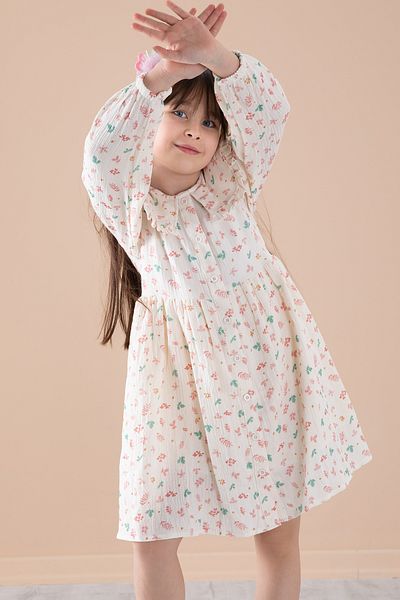 Cansın Mini Ecru Leaf Patterned Buttoned Muslin Girl's Dress 20309