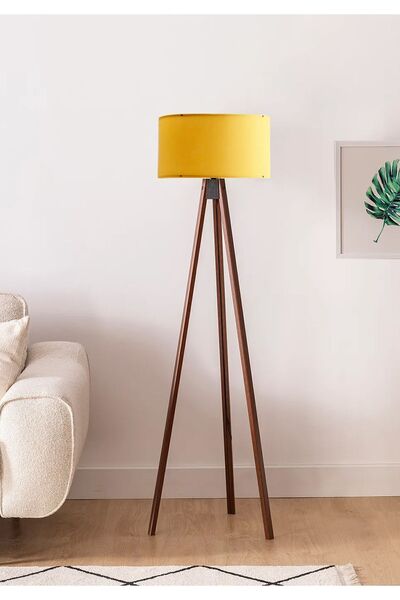 HOMİNG Homing Sarı Silindir Başlık Ahşap Üç Ayaklı Lambader