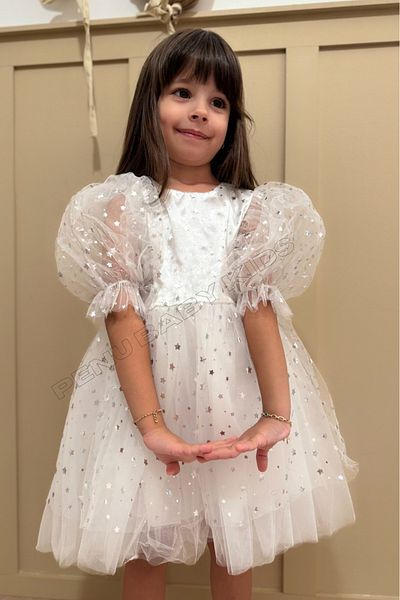 penu baby kids White Star Patterned Bow Short Balloon Sleeve Girl's Baby Girl Dress - Star