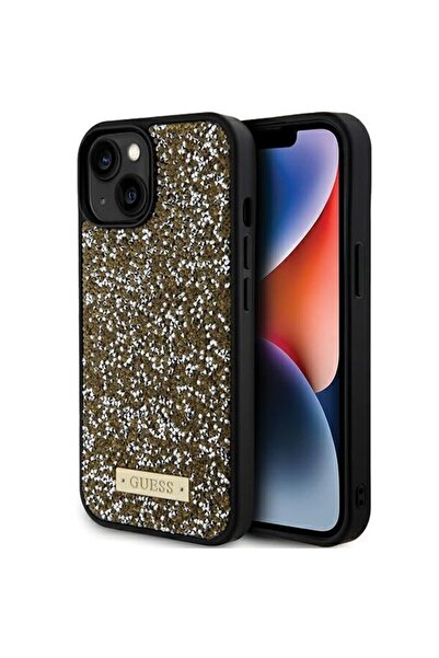 REDz Accessories Carcasă Guess pentru iPhone 13/14/15, Colecția Strass Metal Logo, Galbenă