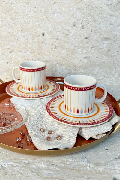 porselenden Miranda Premium Porcelain 4 Piece Coffee Cup Set for 2 People 90 ml Gold/Gold Striped Special Design