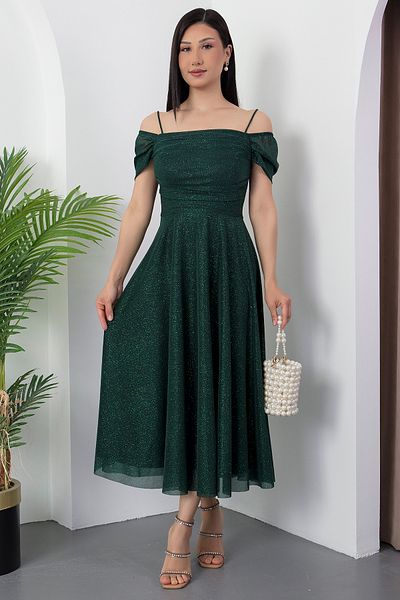 PULLIMM Square Neck Strap Glitter Tulle Dress 39976