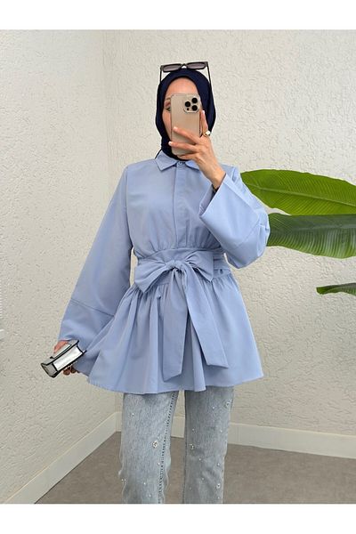 Modamorfo Tunica cu jumatate de nasture cu cravata in talie si fermoar lateral - Baby Blue