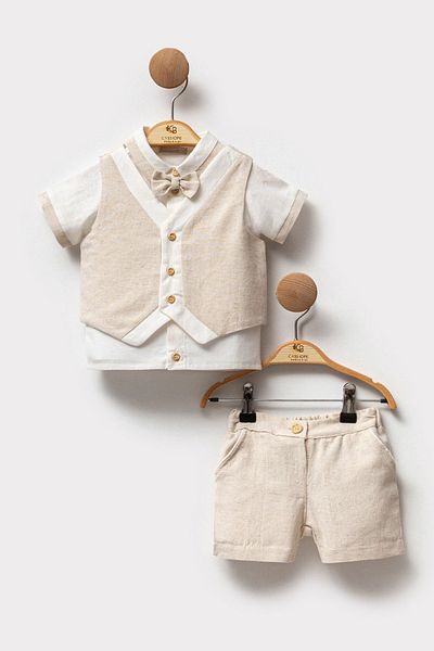 Cassiope Linen Bowtie Vest Shirt with Elastic Waist Shorts Special Day Birthday Wedding 3 Piece Baby Boy Jewelry