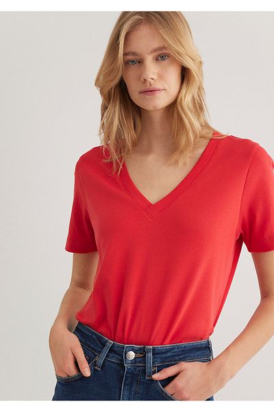 Mavi V-nyakú piros Basic póló Regular Fit 1612917 -89331