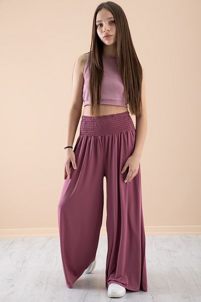Cansın Mini Dusty Rose Ribbed Cropped Girls' Wide Cut Pants Suit 20383