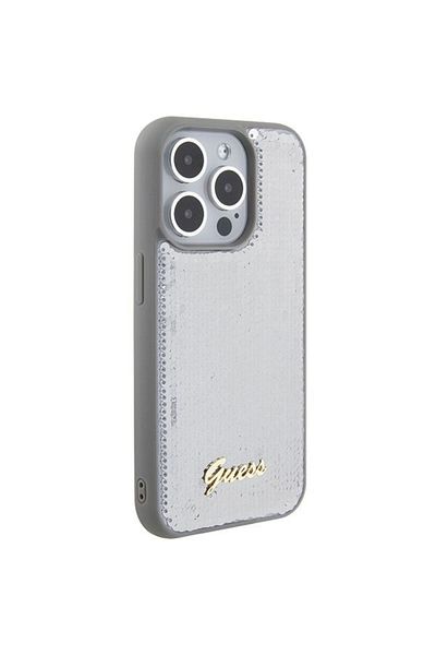 REDz Accessories Carcasă Guess pentru iPhone 15 Pro, Colecția Sequin Script Metal, Argintie
