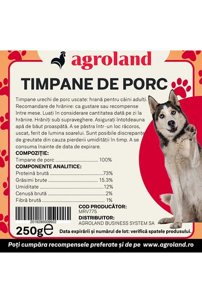 Agroland Recompense naturale pentru caini, timpane de porc uscate, 250g