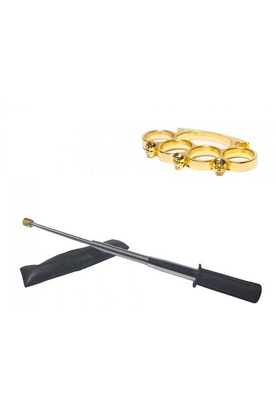Depox Set baston telescopic argintiu flexibil, maner din cauciuc, 47 cm si cutie de craniu auriu