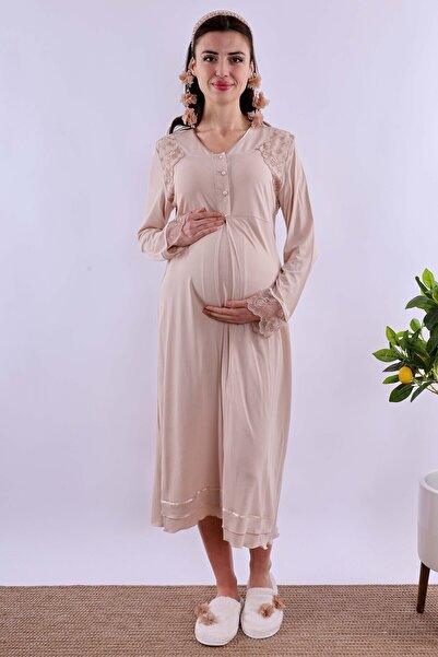 ByLohusa Effortt Sütlü Kahve Dantelli Lohusa Gecelik