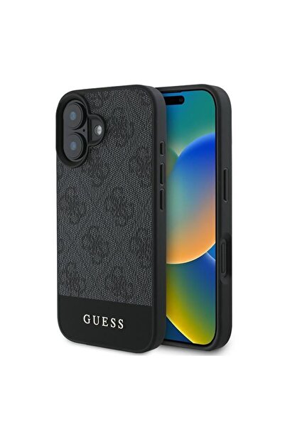 REDz Accessories Carcasă Guess pentru iPhone 16, model, PC/TPU 4G PU cu dungi în partea de jos, negru/gri