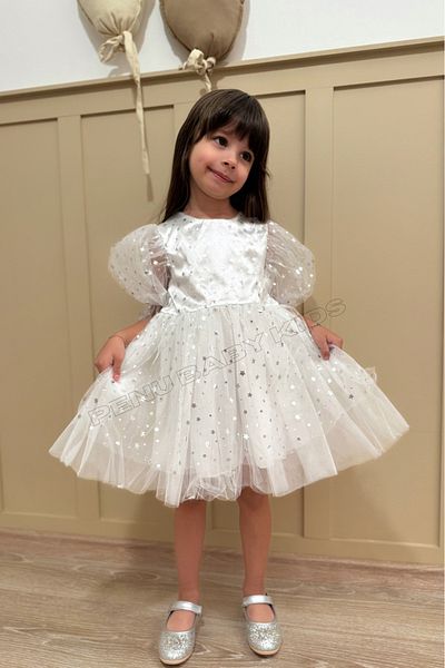 penu baby kids White Star Patterned Bow Short Balloon Sleeve Girl's Baby Girl Dress - Star