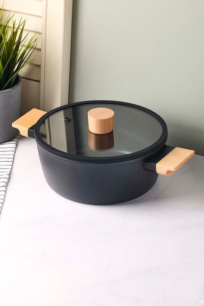 Perotti CookWood Black İndüksiyon Tabanlı Ahşap Kulplu Kapaklı Seramik Derin ...