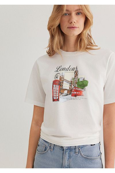 Mavi London bedrucktes weißes T-Shirt mit normaler Passform / normaler Passform 1613057 -70057