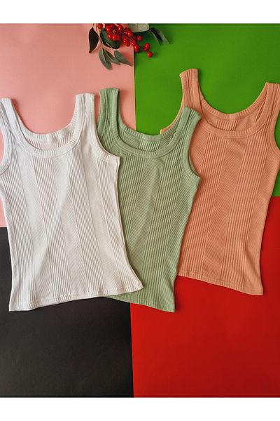 Demirsa Boutique 3 Pieces Cotton Combed Camisole Fabric Thick Strap Oval Neck Green, Powder and White Women's Athlete T-Shirt