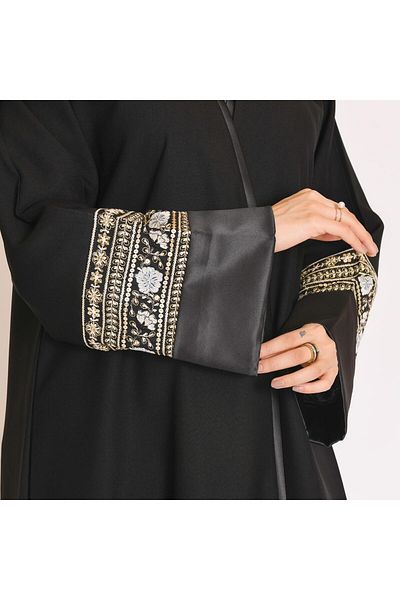 HAWRAA Black wrap abaya with vibrant embroidery on the sleeves