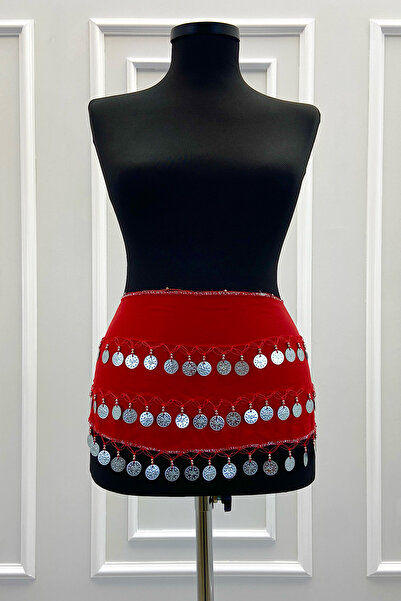 ZEYMERADE Kırmızı Gümüş Şakira Oryantal Dansöz Dans Kemeri Pullu Zilli Kına O...