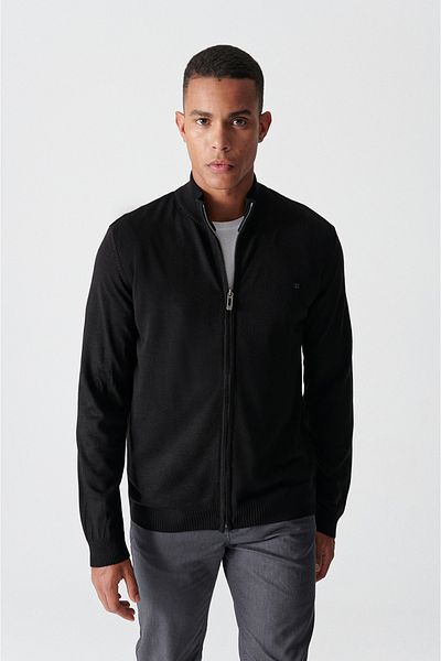 Avva Men's Black Stand Collar Zippered Basic Cardigan E 005004