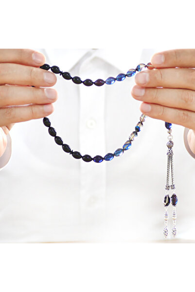 Tesbihane Ασημένιο 925 Χάντρες προσευχής με διπλό φεγγάρι και αστέρι, με φούντες, κομμένο σε σχήμα κριθαριού, μπλε φωτιά κεχριμπάρι 101001526