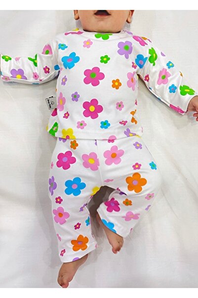 Drop Kids Bebek Pijama Uzun Renkli Çiçek  Desen %100 Pamuk Yenidoğan Çocuk Pi...