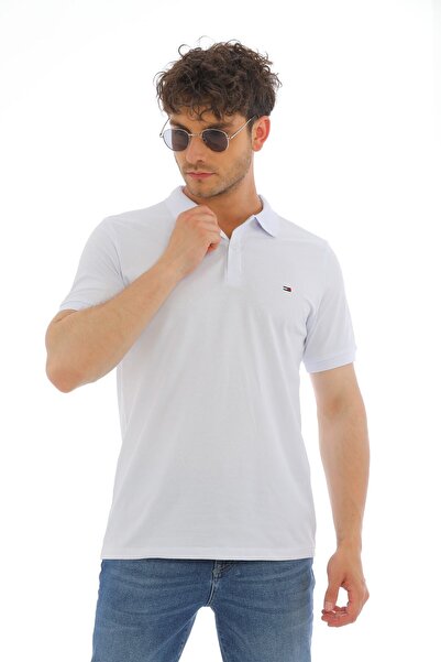 WAPP Ανδρικό μπλουζάκι από λευκό βαμβακερό Lycra με κοντό μανίκι με κουμπιά με κέντημα με λαιμόκοψη