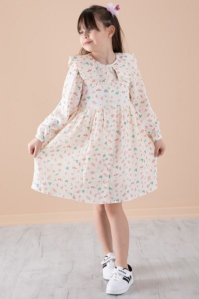 Cansın Mini Ecru Leaf Patterned Buttoned Muslin Girl's Dress 20309