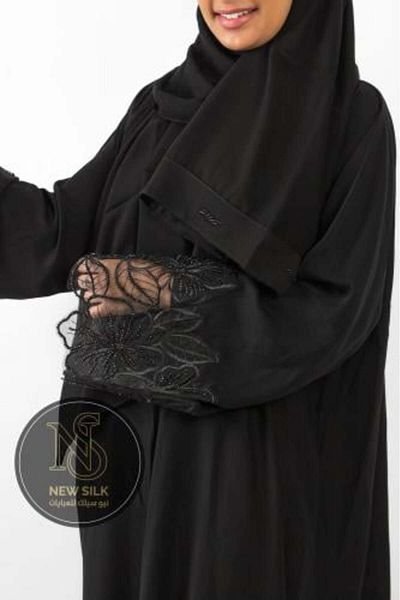 newsilk Abaya Quarter Cloches Nadda Fabric With Crystal Lace In Black