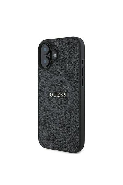 REDz Accessories Carcasă Guess pentru iPhone 16 Plus, model, logo clasic cu inel din PU 4G, compatibilă cu Magsafe, neagră