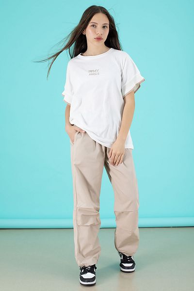 Cansın Mini Beige Written Oversize T-Shirt with Parachute Pants Suit for Girls 20297