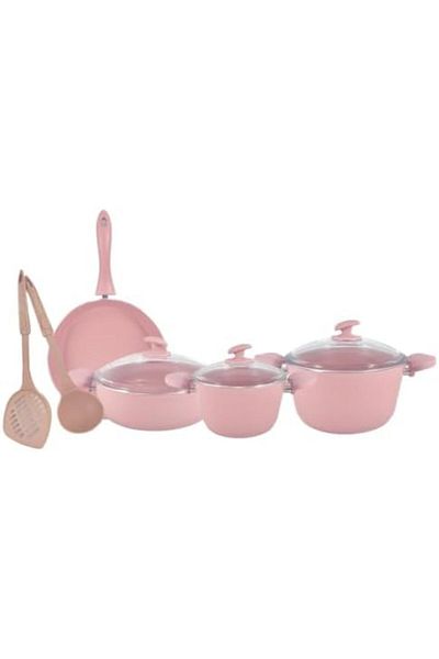 HOME MAKER Hella Ceramic Cookware Set 9-Pieces, Pink